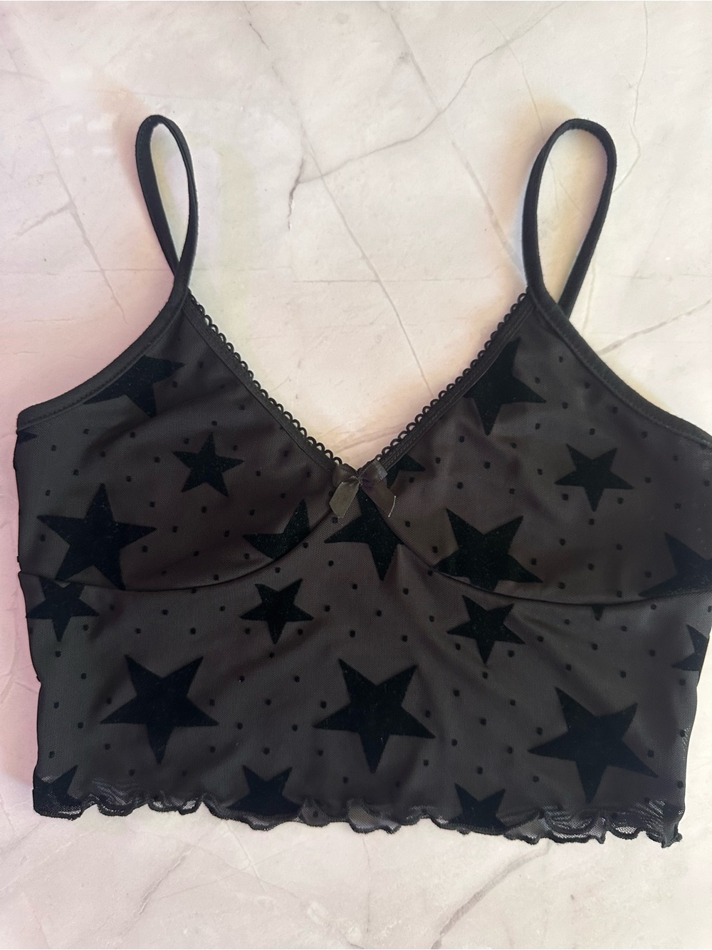 Y2K Sheer Mesh Star Bralette Black Flocked Stars Crop Top